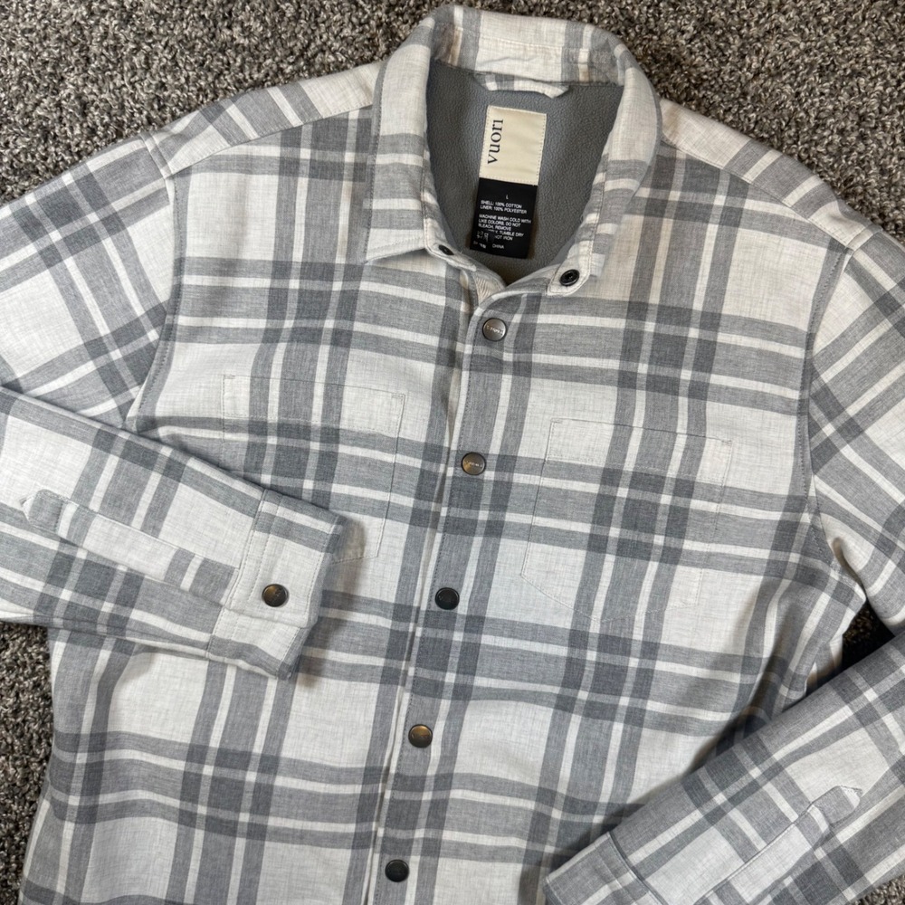 Vuori Range Shirt Jacket Mens Large Grey Plaid Fleece Lined V246 Shacket
